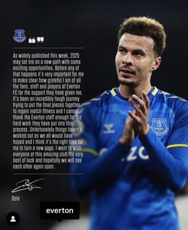 阿里告別埃弗頓：是時(shí)候開始新篇章了，感謝所有人對(duì)我的支持